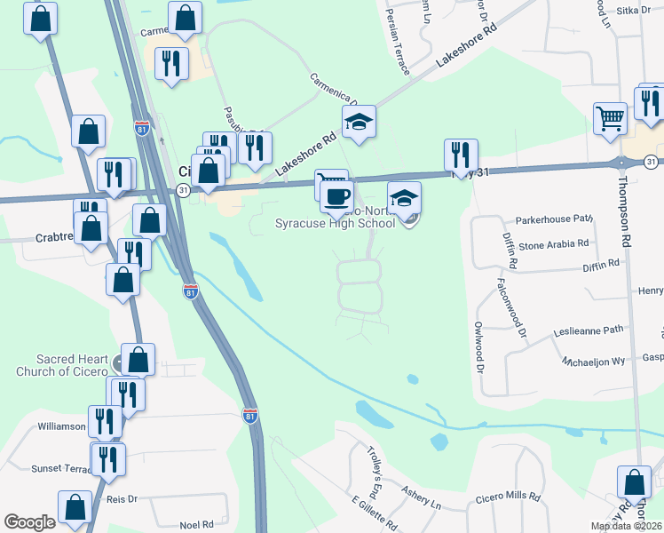 map of restaurants, bars, coffee shops, grocery stores, and more near 8819 New Country Drive in Cicero