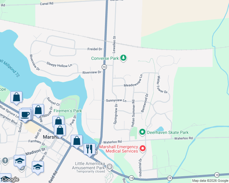 map of restaurants, bars, coffee shops, grocery stores, and more near 412 Lewellen Street in Marshall