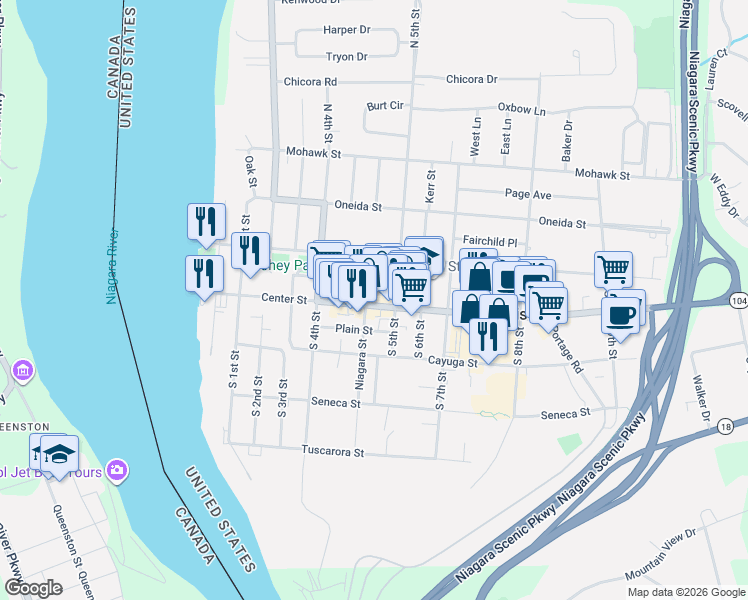 map of restaurants, bars, coffee shops, grocery stores, and more near 476 Center Street in Lewiston