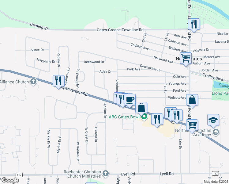 map of restaurants, bars, coffee shops, grocery stores, and more near 51 Vendome Drive South in Rochester