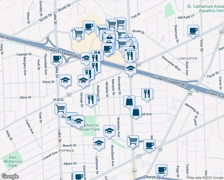 map of restaurants, bars, coffee shops, grocery stores, and more near 31 Marquis Street in St. Catharines