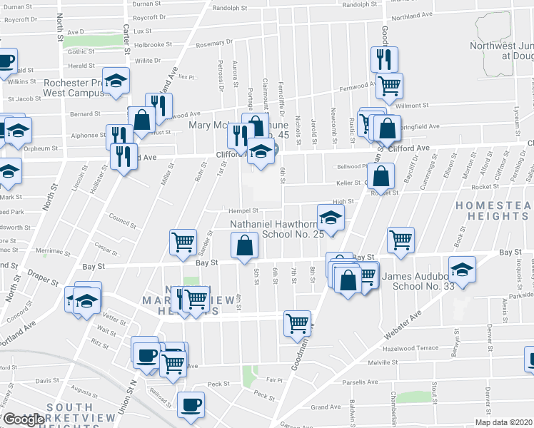 map of restaurants, bars, coffee shops, grocery stores, and more near 131 Hempel St in Rochester