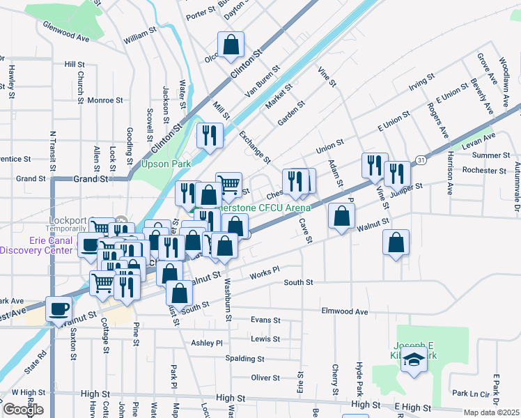 map of restaurants, bars, coffee shops, grocery stores, and more near 151 Chestnut Street in Lockport