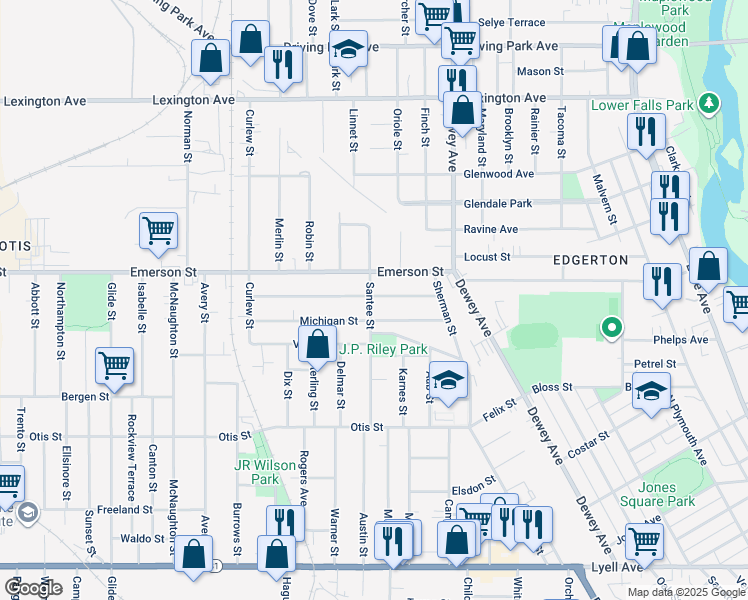 map of restaurants, bars, coffee shops, grocery stores, and more near 101 Curtis Street in Rochester
