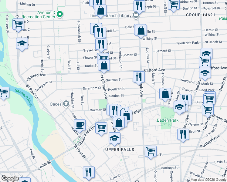 map of restaurants, bars, coffee shops, grocery stores, and more near 13 Hoeltzer Street in Rochester