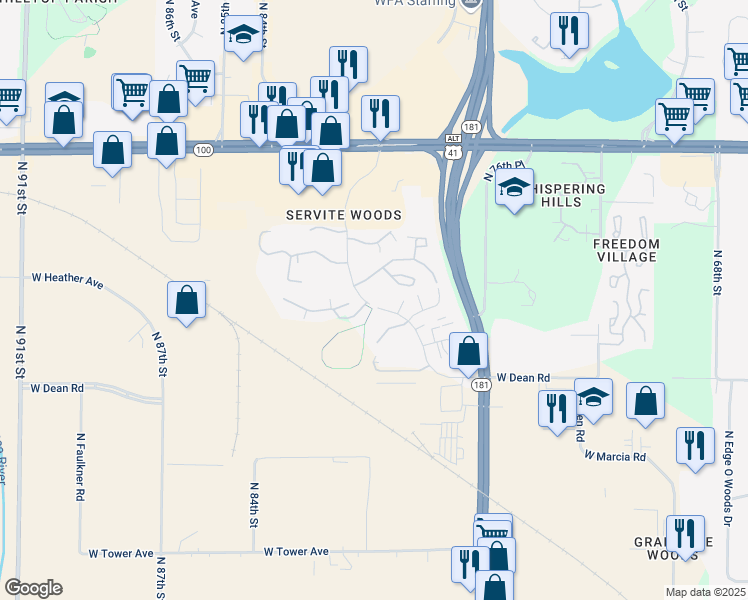 map of restaurants, bars, coffee shops, grocery stores, and more near 8534 North Servite Drive in Milwaukee