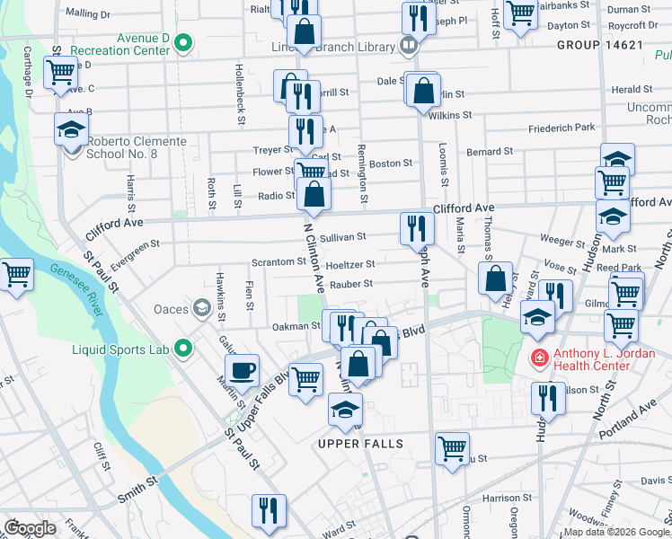 map of restaurants, bars, coffee shops, grocery stores, and more near 13 Hoeltzer Street in Rochester