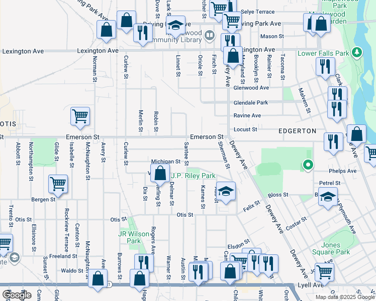 map of restaurants, bars, coffee shops, grocery stores, and more near 101 Curtis Street in Rochester
