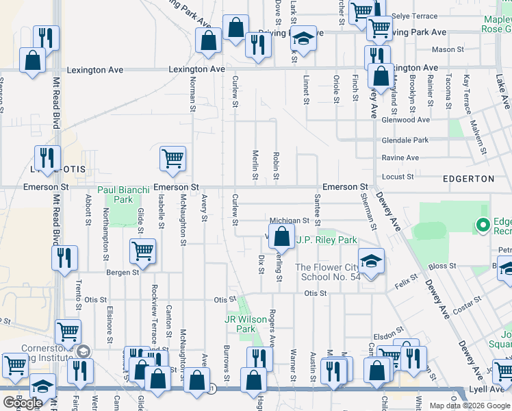 map of restaurants, bars, coffee shops, grocery stores, and more near 265 Curtis Street in Rochester