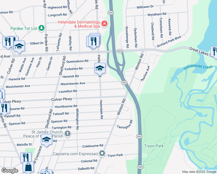 map of restaurants, bars, coffee shops, grocery stores, and more near 714 Laurelton Road in Irondequoit