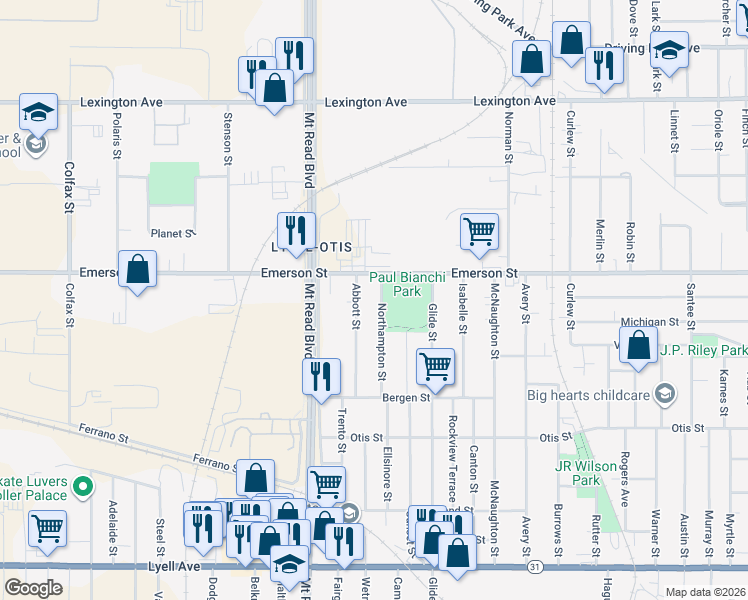 map of restaurants, bars, coffee shops, grocery stores, and more near 145 Northampton Street in Rochester