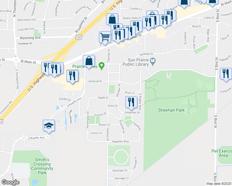 map of restaurants, bars, coffee shops, grocery stores, and more near 710 Olympic Street in Sun Prairie