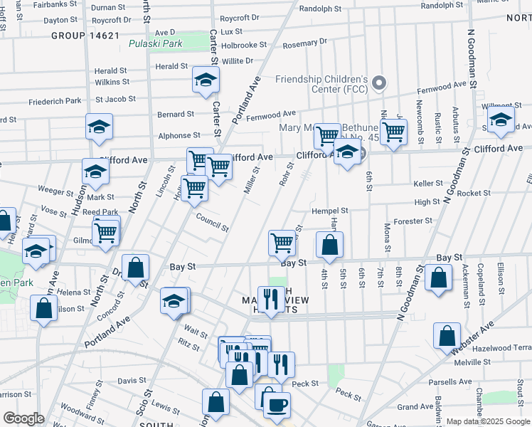 map of restaurants, bars, coffee shops, grocery stores, and more near 109 Rohr Street in Rochester