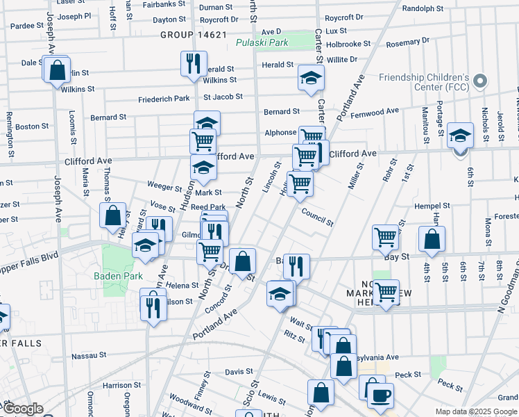 map of restaurants, bars, coffee shops, grocery stores, and more near 90 Lincoln Street in Rochester