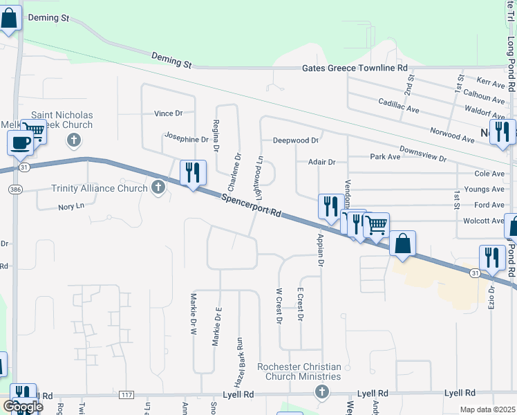 map of restaurants, bars, coffee shops, grocery stores, and more near 1021 Spencerport Road in Rochester