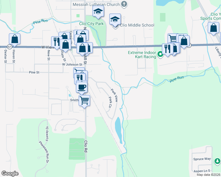 map of restaurants, bars, coffee shops, grocery stores, and more near 501-727 Park Cir in Clio