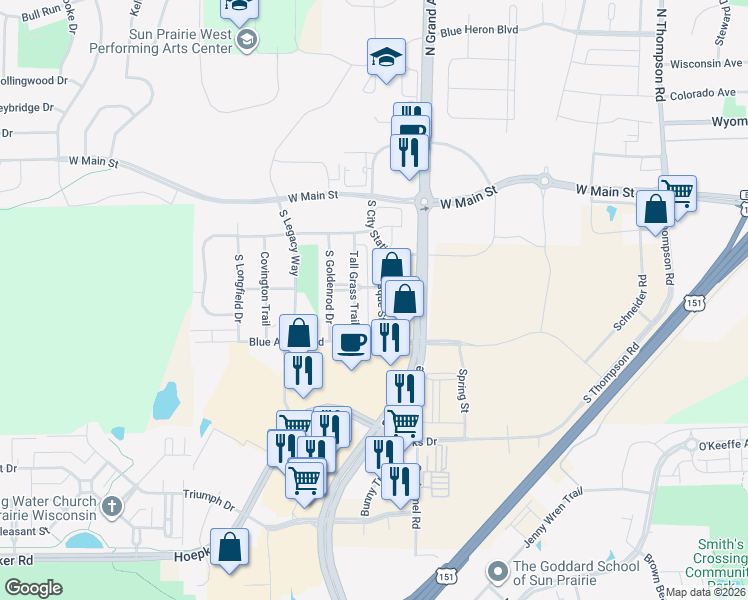 map of restaurants, bars, coffee shops, grocery stores, and more near 338 Pasque Street in Sun Prairie