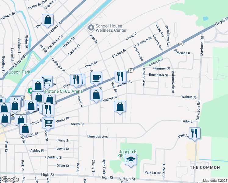 map of restaurants, bars, coffee shops, grocery stores, and more near 20 Vine St in Lockport