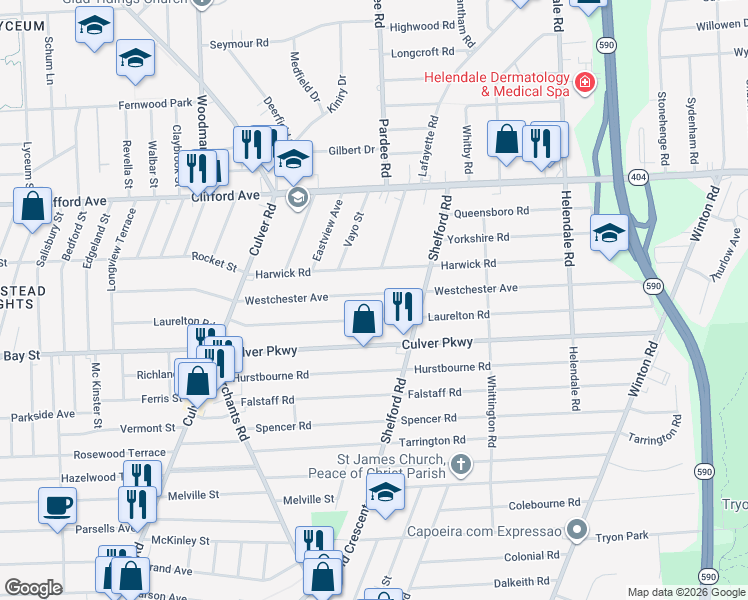 map of restaurants, bars, coffee shops, grocery stores, and more near 399 Westchester Avenue in Irondequoit