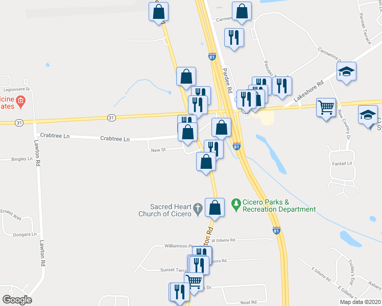 map of restaurants, bars, coffee shops, grocery stores, and more near 8301 Factory Street in Cicero