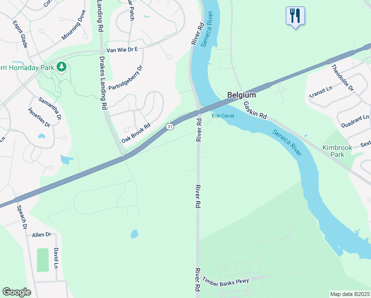 map of restaurants, bars, coffee shops, grocery stores, and more near 3332A Woods Road in Baldwinsville
