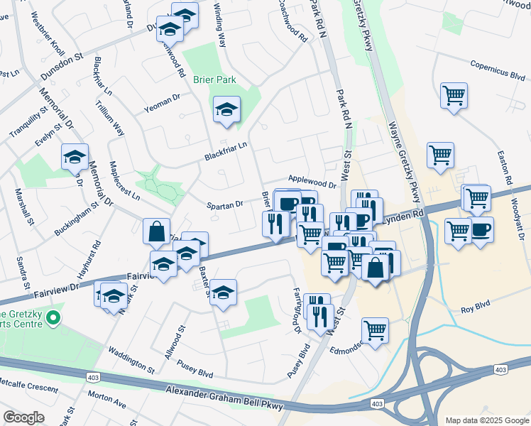 map of restaurants, bars, coffee shops, grocery stores, and more near 146 Brier Park Road in Brantford
