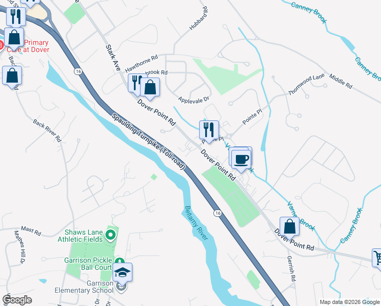 map of restaurants, bars, coffee shops, grocery stores, and more near 12 Sheffield Drive in Dover
