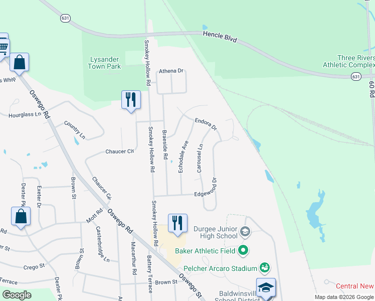 map of restaurants, bars, coffee shops, grocery stores, and more near 43 Carousel Lane in Baldwinsville
