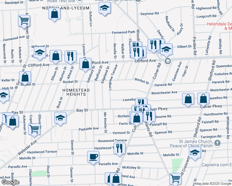 map of restaurants, bars, coffee shops, grocery stores, and more near 33 Westchester Avenue in Rochester