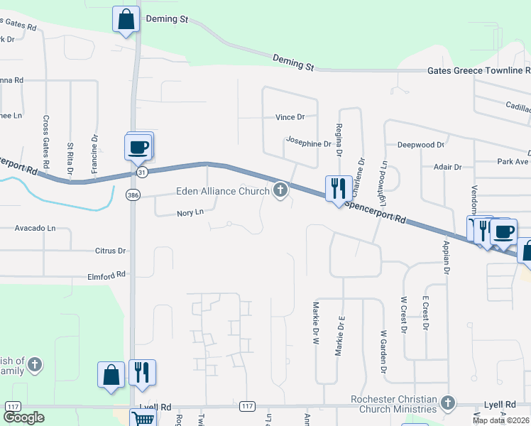 map of restaurants, bars, coffee shops, grocery stores, and more near 30 Marc-Mar Trail in Rochester