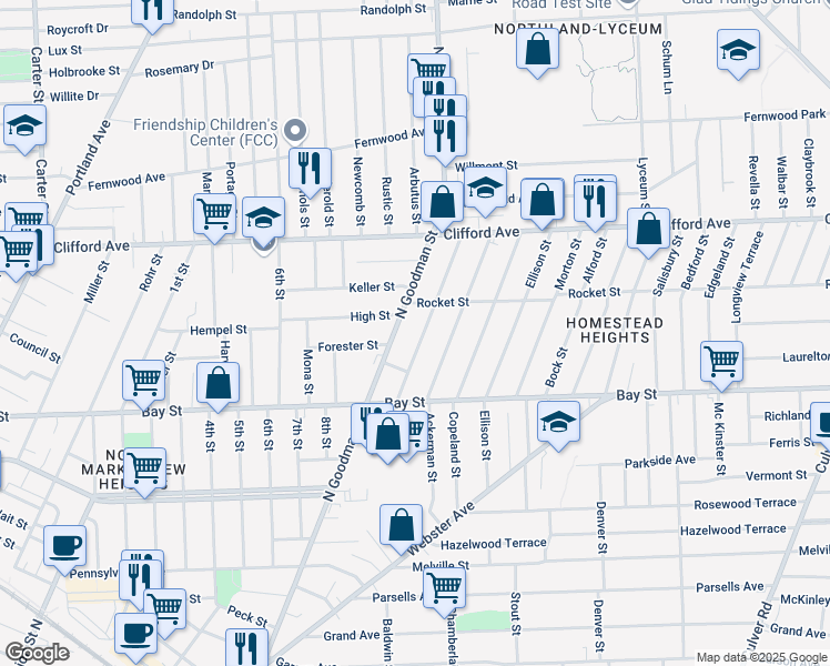 map of restaurants, bars, coffee shops, grocery stores, and more near 99 Winterroth Street in Rochester