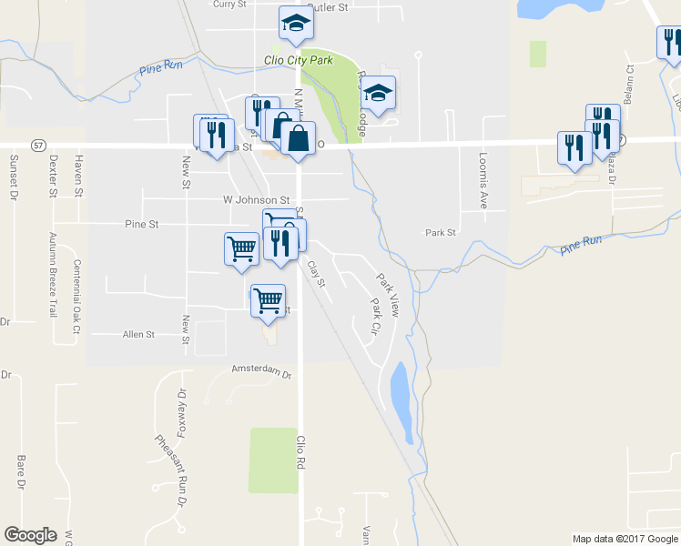 map of restaurants, bars, coffee shops, grocery stores, and more near 501 Park Circle in Clio