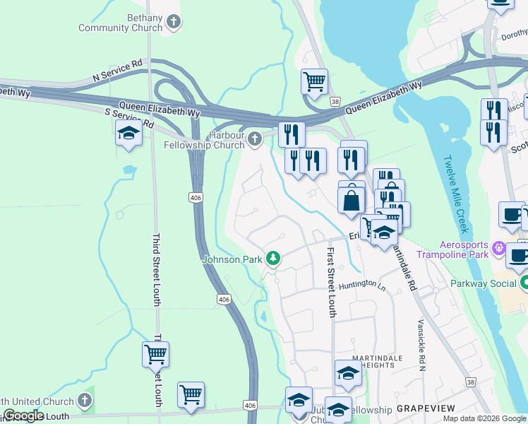 map of restaurants, bars, coffee shops, grocery stores, and more near 16 Captain Tenbrock Terrace in Saint Catharines