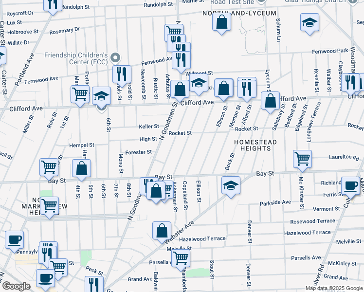 map of restaurants, bars, coffee shops, grocery stores, and more near 93 Baycliff Drive in Rochester