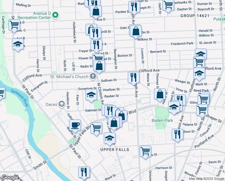 map of restaurants, bars, coffee shops, grocery stores, and more near 21 Hoeltzer Street in Rochester