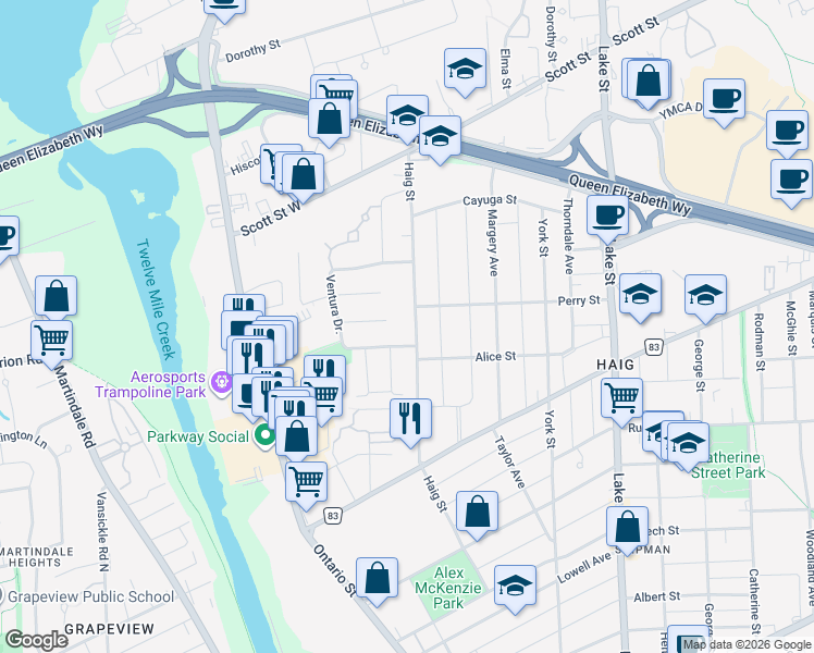 map of restaurants, bars, coffee shops, grocery stores, and more near 79 Haig Street in Saint Catharines