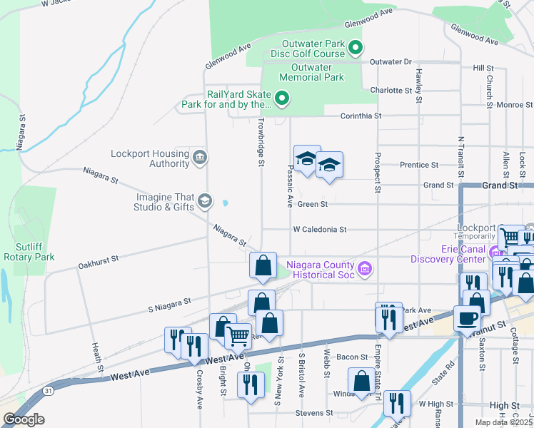 map of restaurants, bars, coffee shops, grocery stores, and more near 62 Trowbridge Street in Lockport