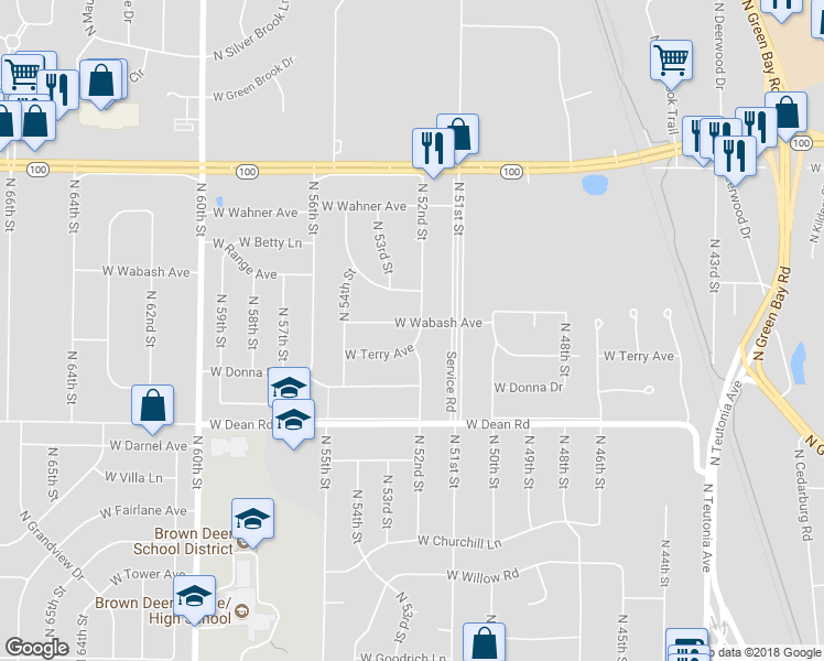 map of restaurants, bars, coffee shops, grocery stores, and more near 8533 North 52nd Street in Brown Deer