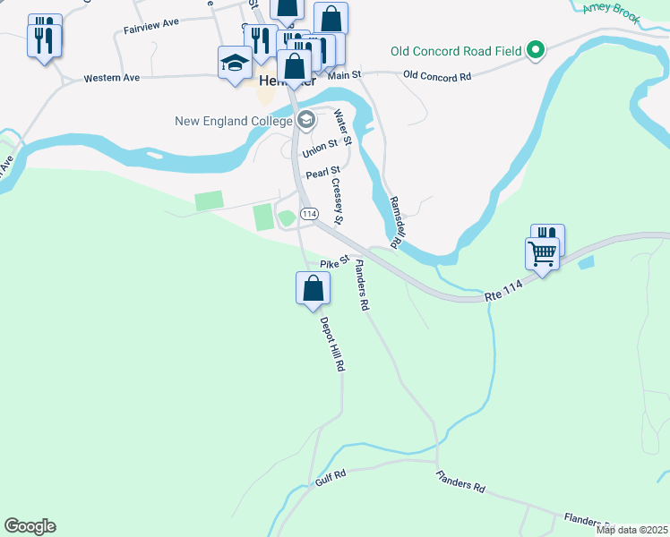 map of restaurants, bars, coffee shops, grocery stores, and more near 44 Pike Street in Henniker