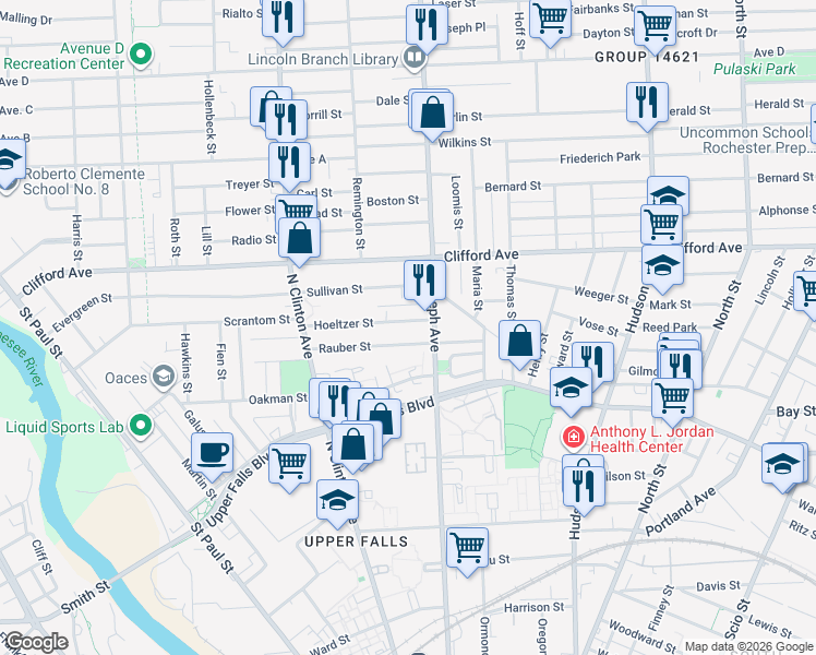 map of restaurants, bars, coffee shops, grocery stores, and more near 55 Hoeltzer Street in Rochester