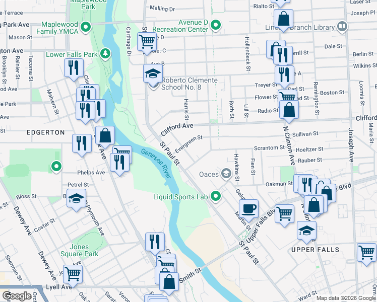 map of restaurants, bars, coffee shops, grocery stores, and more near 7 Evergreen Street in Rochester