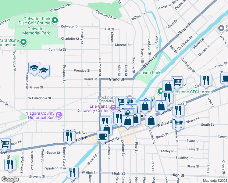map of restaurants, bars, coffee shops, grocery stores, and more near 102 Church Street in Lockport