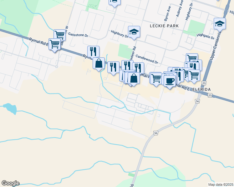 map of restaurants, bars, coffee shops, grocery stores, and more near 99 Terryberry Road in Hamilton
