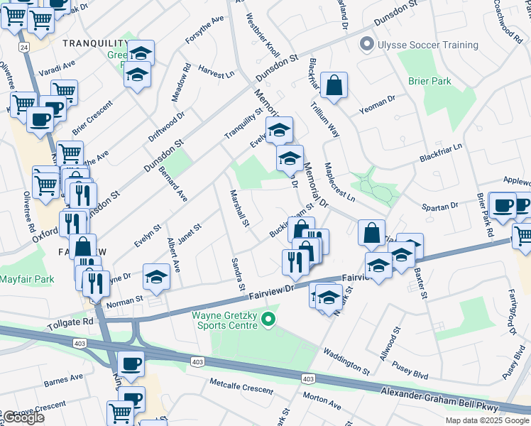 map of restaurants, bars, coffee shops, grocery stores, and more near 16 Frontenac Avenue in Brantford