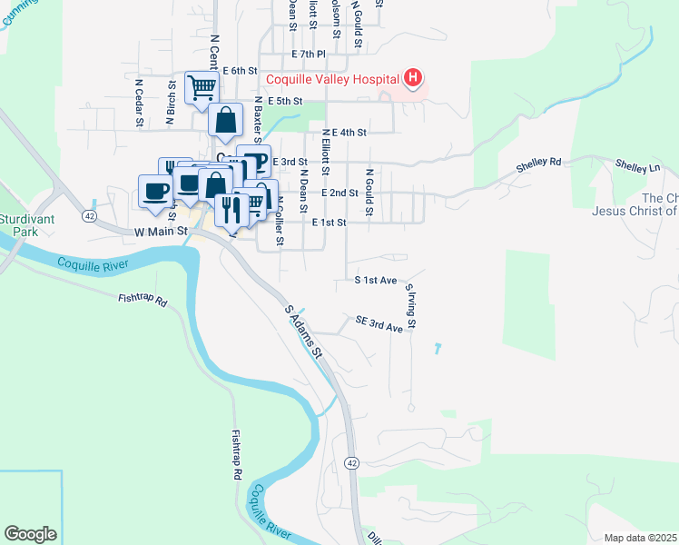 map of restaurants, bars, coffee shops, grocery stores, and more near 562 South 1st Avenue in Coquille