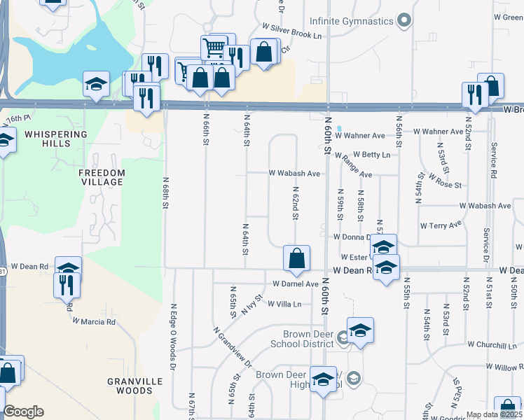 map of restaurants, bars, coffee shops, grocery stores, and more near 8541 North 63rd Street in Brown Deer