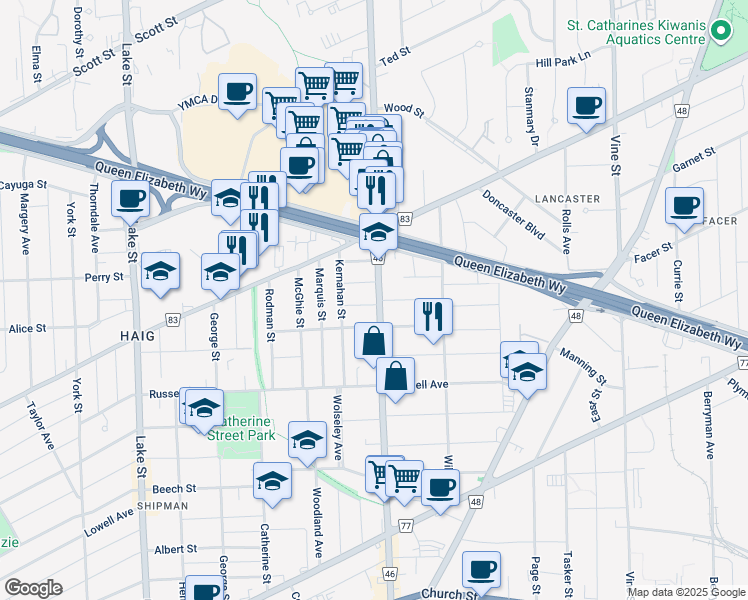 map of restaurants, bars, coffee shops, grocery stores, and more near 213 Geneva Street in St. Catharines