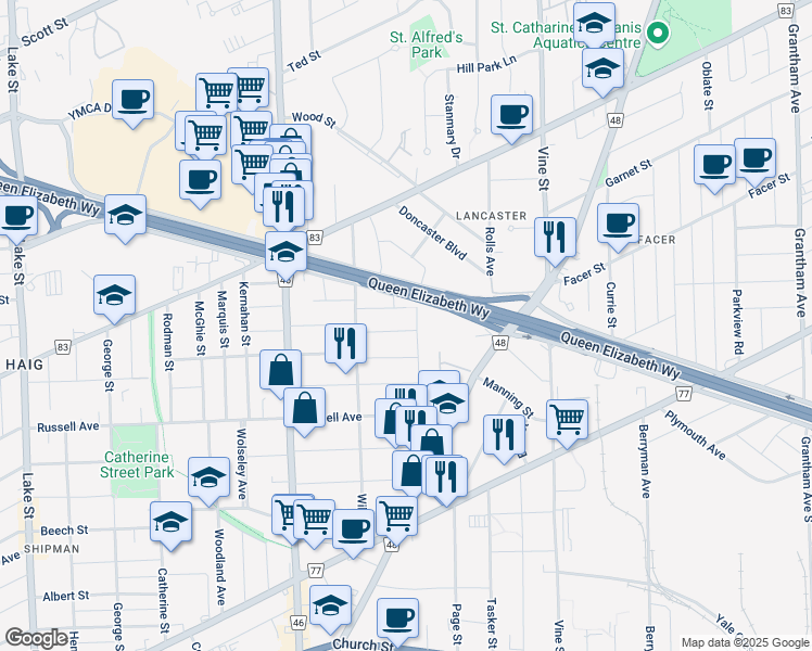 map of restaurants, bars, coffee shops, grocery stores, and more near 59 Linden Street in Saint Catharines