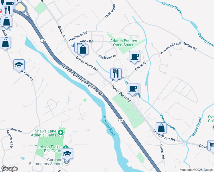 map of restaurants, bars, coffee shops, grocery stores, and more near 12 Sheffield Drive in Dover