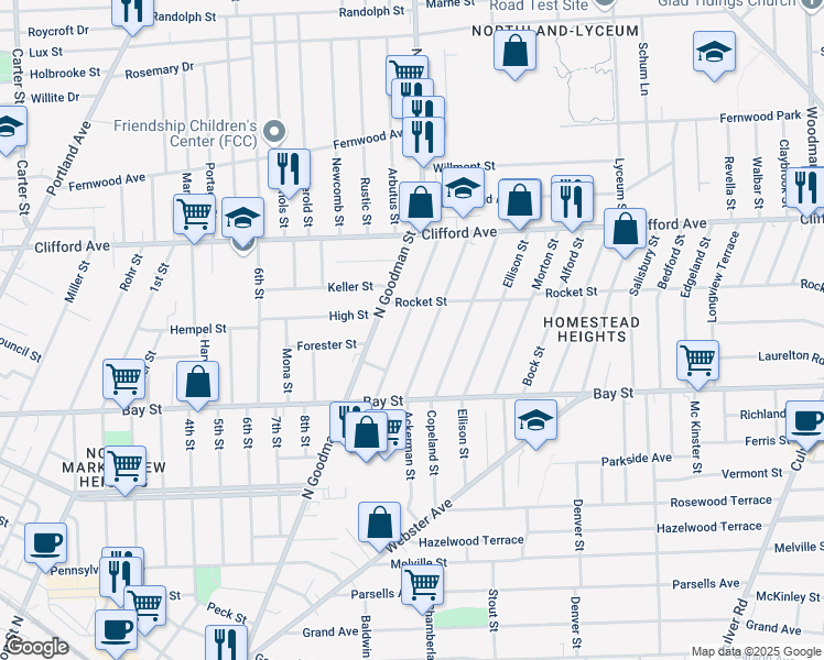 map of restaurants, bars, coffee shops, grocery stores, and more near 93 Baycliff Drive in Rochester